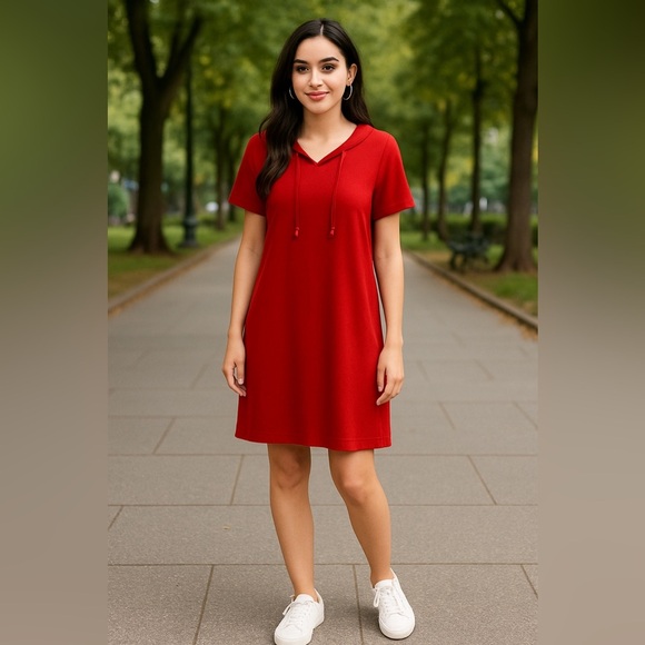Calvin Klein Red T-Shirt Dress with Gold Accents – Relaxed Fit - Picture 1 of 5